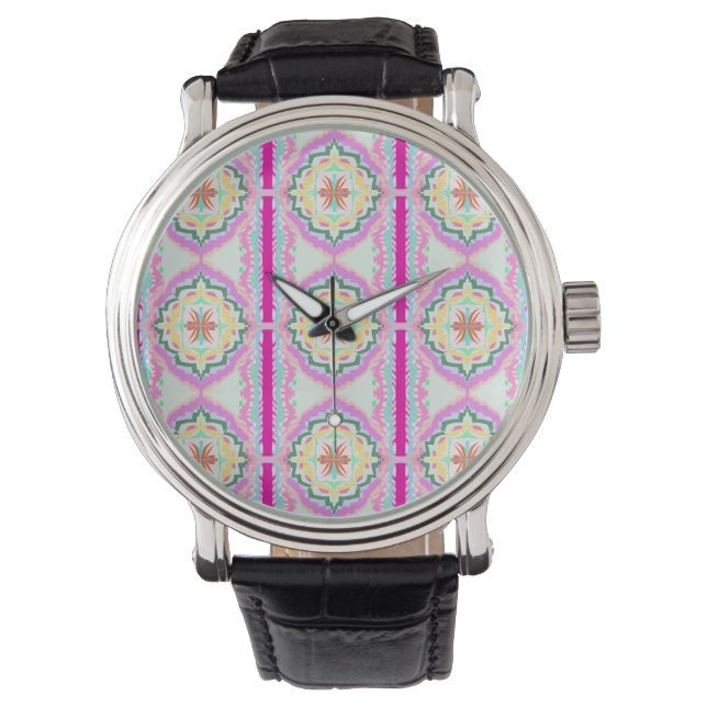Relógio Padrão Floral Geométrico Rosa Chic e Dourado (Frente)