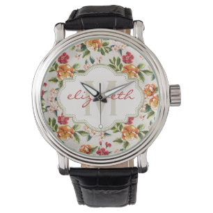 Relógio Padrão Floral Girly Chic com Nome do Monograma