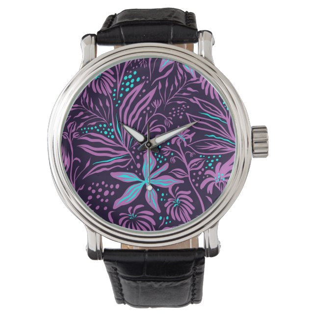 Relógio Padrão Floral Moderno Roxo Escuro (Frente)