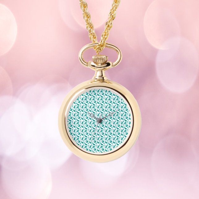 Relógio Padrão Floral Paisley Boho Verde Azul (A watch necklace featuring a paisley boho floral pattern in teal blue and green.)
