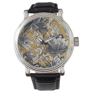 Relógio Padrão Floral Preto e Branco Elegante em Mostarda