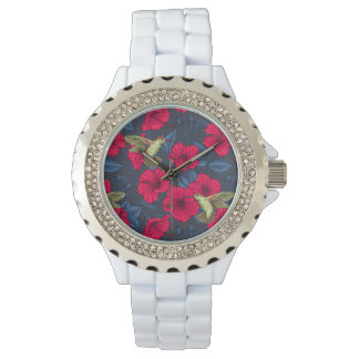 Relógio Padrão Floral Tropical de Hibisco Branco