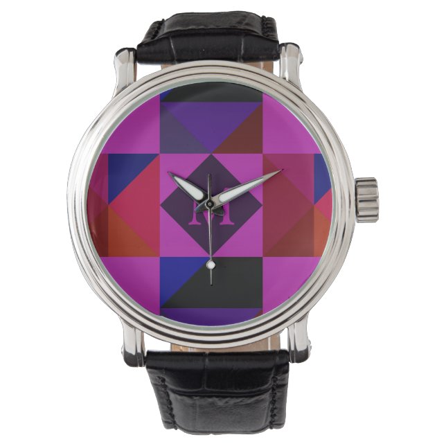 Relógio Padrão Geométrico Abstrato em Magenta com Monogram (Frente)