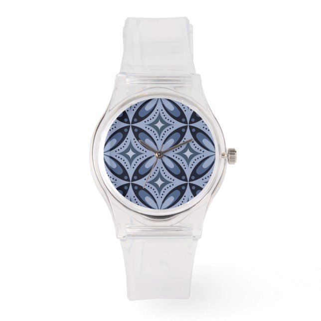 Relógio Padrão Geométrico Azul Estilo Retro (Frente)