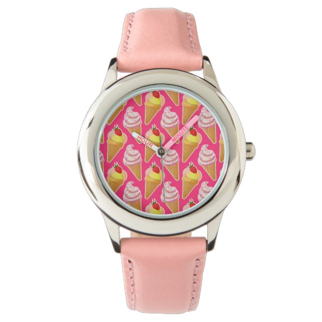Relógio Padrão rosa Kawaii com sorvete de morango (Frente)
