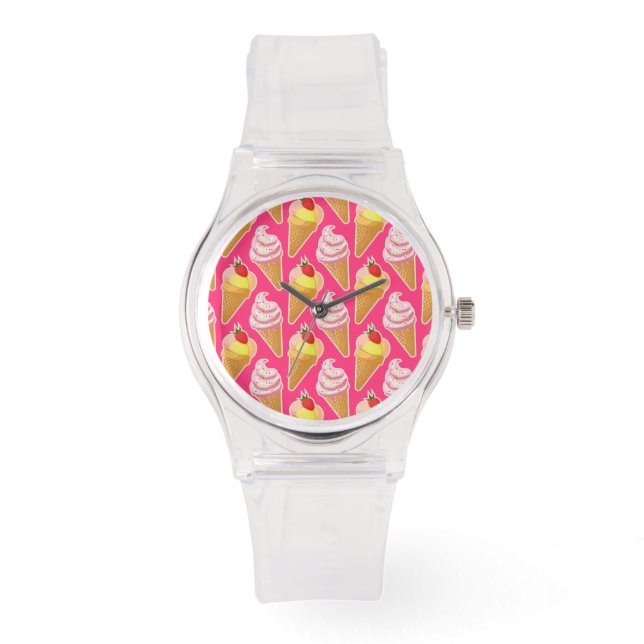 Relógio Padrão rosa Kawaii com sorvete de morango (Frente)