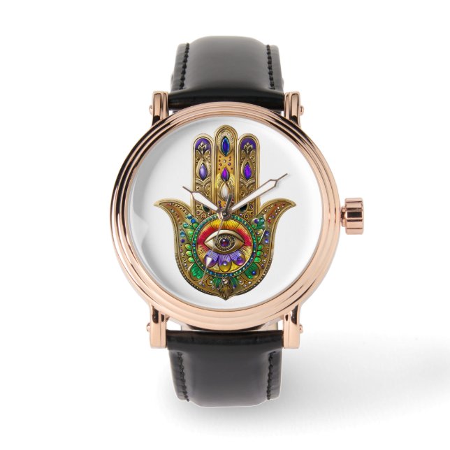 Relógio Painted Gold Hamsa Amethyst Ruby Third Eye (Frente)