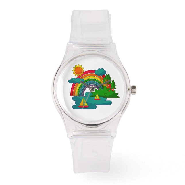 Relógio Paisagem de viagem de barco sob nuvens solares e a (Frente)