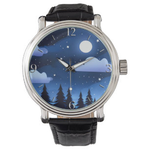 Relógio Paisagem Lunar com Estrelas & Pinheiros