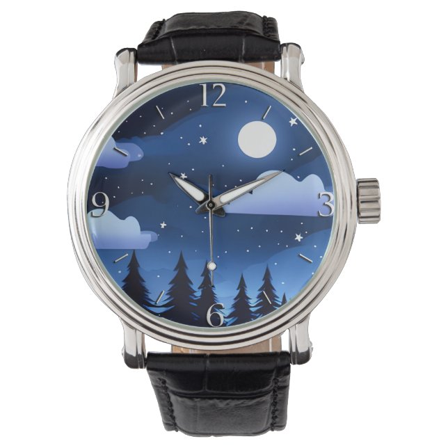 Relógio Paisagem Lunar com Estrelas & Pinheiros (Frente)