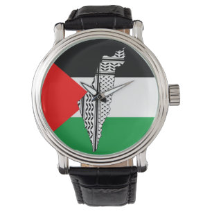 Relógio Palestina - Bandeira e Mapa com Padrão Keffiyeh