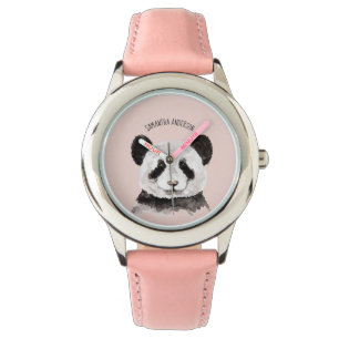Relógio Panda De Aquarela Moderna Com Nome E Pink De Paste