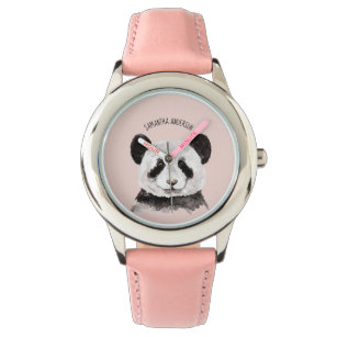 Relógio Panda De Aquarela Moderna Com Nome E Pink De Paste