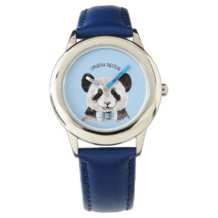 Relógio Panda Moderna De Aquarela Com Nome E Pastel Azul