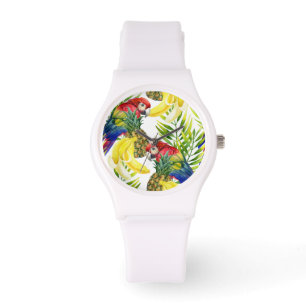 Relógio Papagaios e fruta tropical