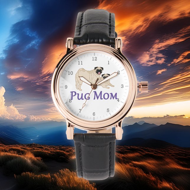Relógio Par de Pugs Mãe Pug Cor de Veado Elegante (Choose from a variety of watch and band styles on this Pug Mom watch.)