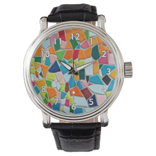 Relógio Parede Mosaica com Números Bordados Brancos