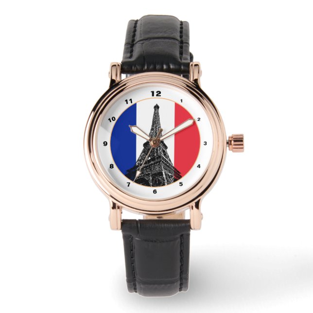 Relógio Paris, Bandeira Francesa e França, moda/Torre Eiff (Frente)