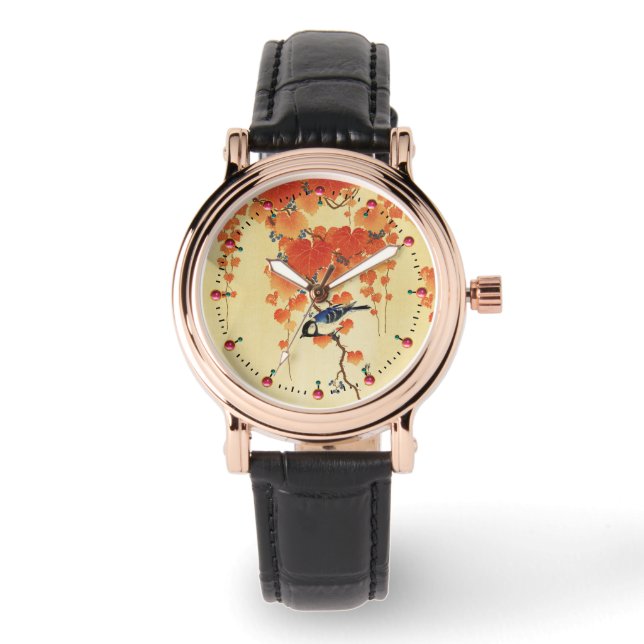 Relógio Pássaro azul, Ramificação de Paulownia, Folhas de  (Frente)