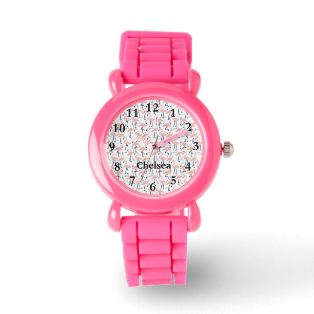 Relógio Pássaro Flamingo Rosa com Nome Meninas Watch (Frente)