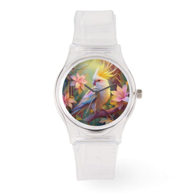 Relógio Pássaro Iridescente Wing Cockatiel Fantasy (Frente)