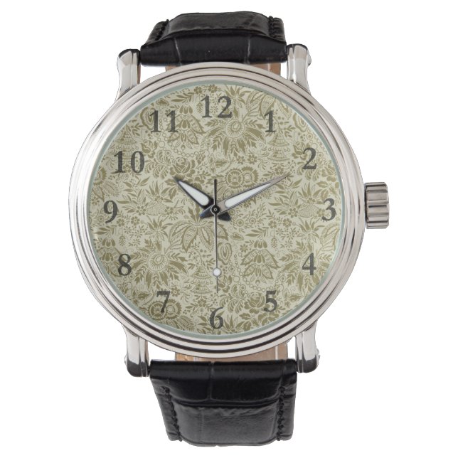 Relógio Patterno Floral Verde Sage - Damasco Antiquado (Frente)