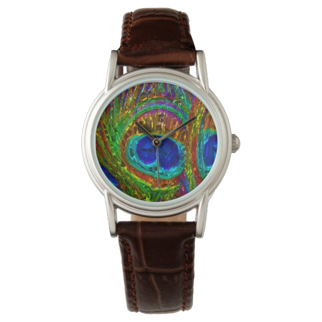 Relógio Peacock Feather Glass Art Watch & Numerals Options (Frente)