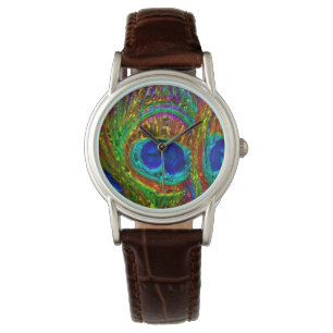 Relógio Peacock Feathers Glass Art Watch & Numeration Opti