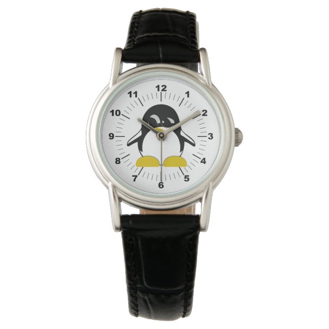 Relógio Penguin Black Leather Strap, de mulheres (Frente)