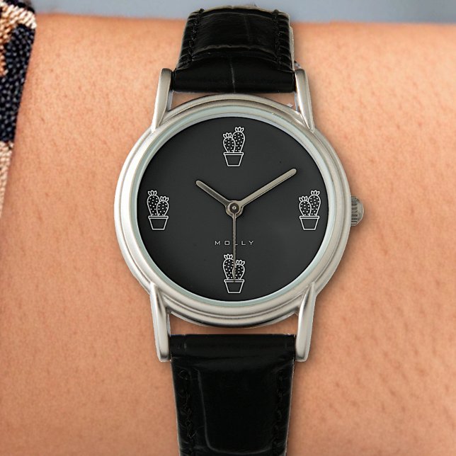 Relógio Pequeno Cactus Simples Mínimo Preto Negro (Criador carregado)