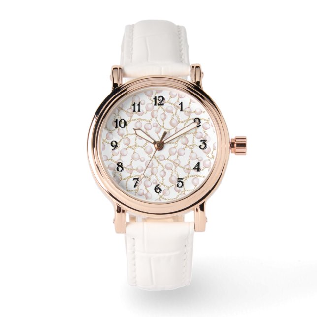 Relógio Pérolas Glam Rosa Dourado  (Frente)