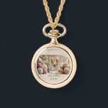 Relógio Personalised bridal necklace watch-Happily Ever Af<br><div class="desc">Timeless elegance meets romantic charm with this Happily Ever After gold necklace watch. Featuring delicate champagne glasses tied with satin bows and framed by soft roses, this piece is both a graceful accessory and a meaningful keepsake. Perfect for brides, bridesmaids, or as a heartfelt gift, it adds a classic touch...</div>