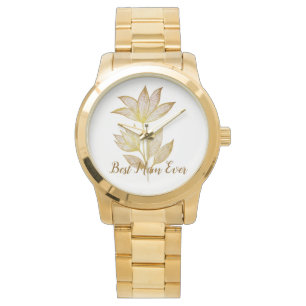 Relógio Personalizada Melhor Mãe de Sempre Floral Dourada