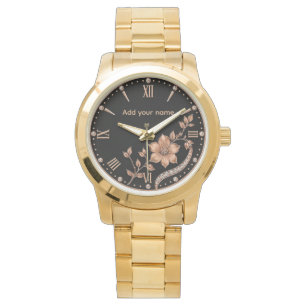 Relógio Personalizado Floral Dourado