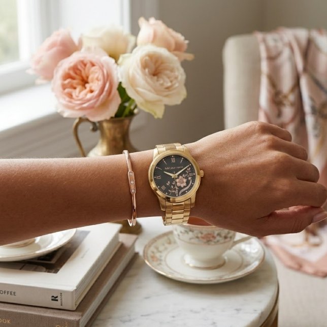 Relógio Personalizado Floral Dourado (Criador carregado)