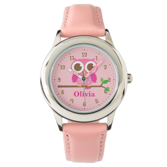 Relógio Personalizado Meninas Coruja Rosa Fofa Em  (Frente)