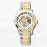 Relógio Personalizado Personalizado com Cor Moderna de Fot<br><div class="desc">Foto personalizada moderna Colorful Personalised Watch apresenta um padrão geométrico colorido e moderno com sua foto favorita no centro. DICA DA FOTO: centralize sua foto antes de carregá-la no Zazzle. Projetado pelo Evco Studio www.zazzle.com/store/evcostudio</div>