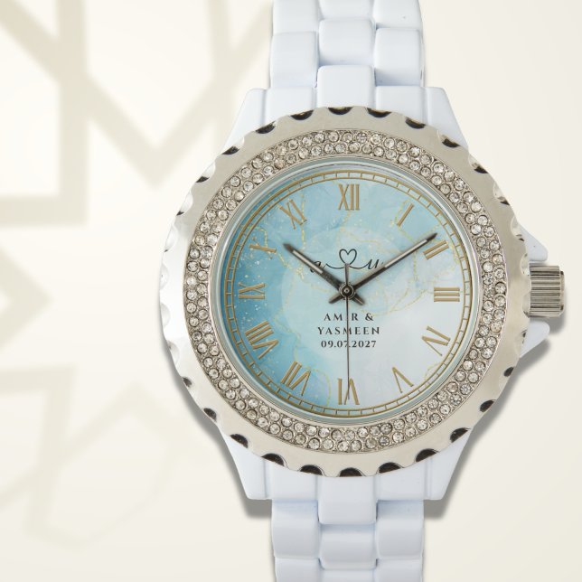 Relógio Personalized Blue Marble Women’s Rhinestone Watch  (Criador carregado)