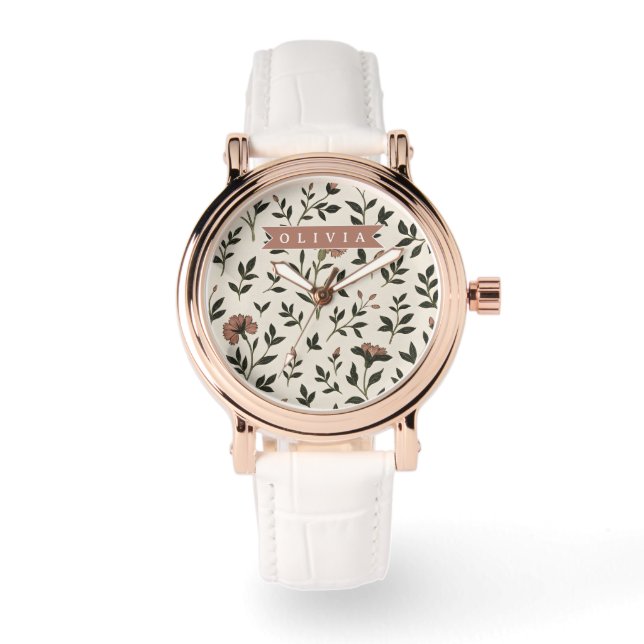 Relógio Personalized Custom Elegant Neutral Vintage Floral (Frente)