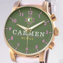Relógio Personalized Green Dial Elegant Custom Name Design