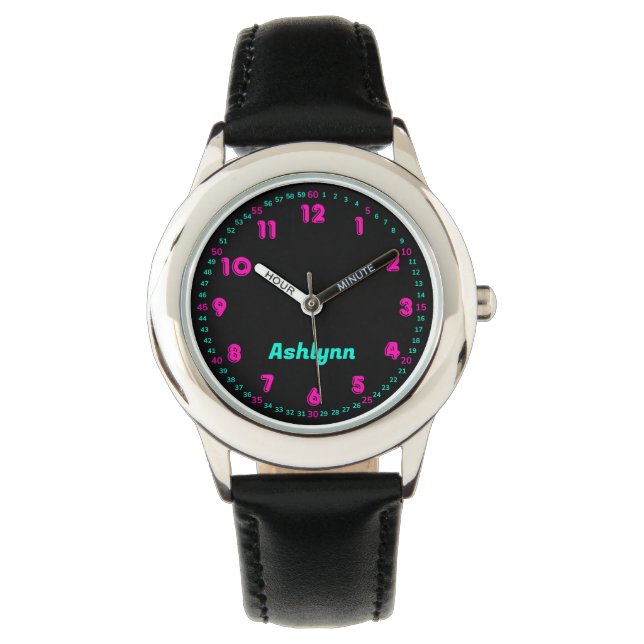 Relógio Personalized Pink & Turquoise Time Teaching Kids (Frente)
