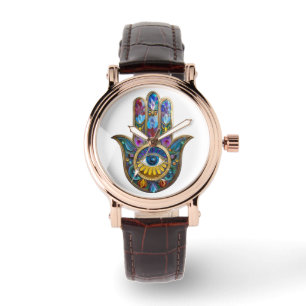 Relógio Pétalas Coloridas Folhas Hamsa Safira Terceiro Olh