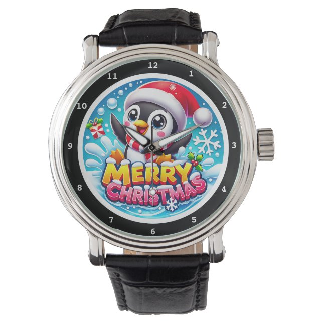 Relógio Pinguim de Natal Splash de Água Alegre (Frente)