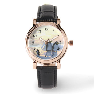 Relógio pinguins se resfriando em um bote de gelo