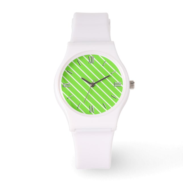 Relógio Pinstripes diagonais - verde limão e branco (Frente)