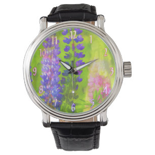 Relógio Pintura em Lupine - Arte Flor Original