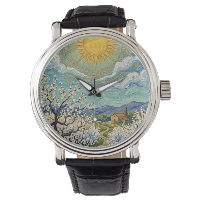 Relógio Pomar de amendoeiras ao estilo de Van Gogh Florada (Frente)