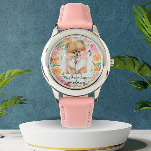Relógio Pomeraniano bonito com monograma de flores de aqua