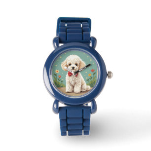 Relógio Poodle branco adorável com gravata borboleta