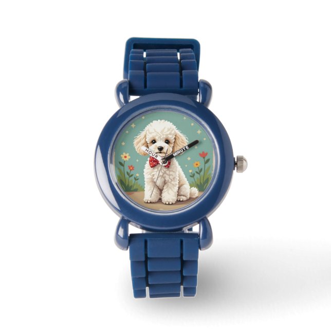 Relógio Poodle branco adorável com gravata borboleta (Frente)
